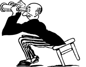 mannetje met verrekijker op een kruk Inzoomen met de verrekijker