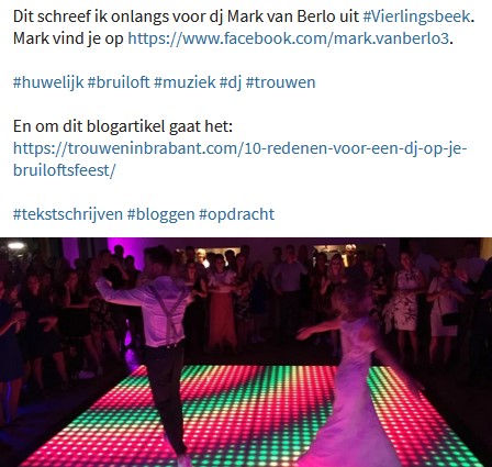 Aankondiging op Facebook over het blogartikel voor de website Trouwen in Brabant in opdracht van dj Mark.