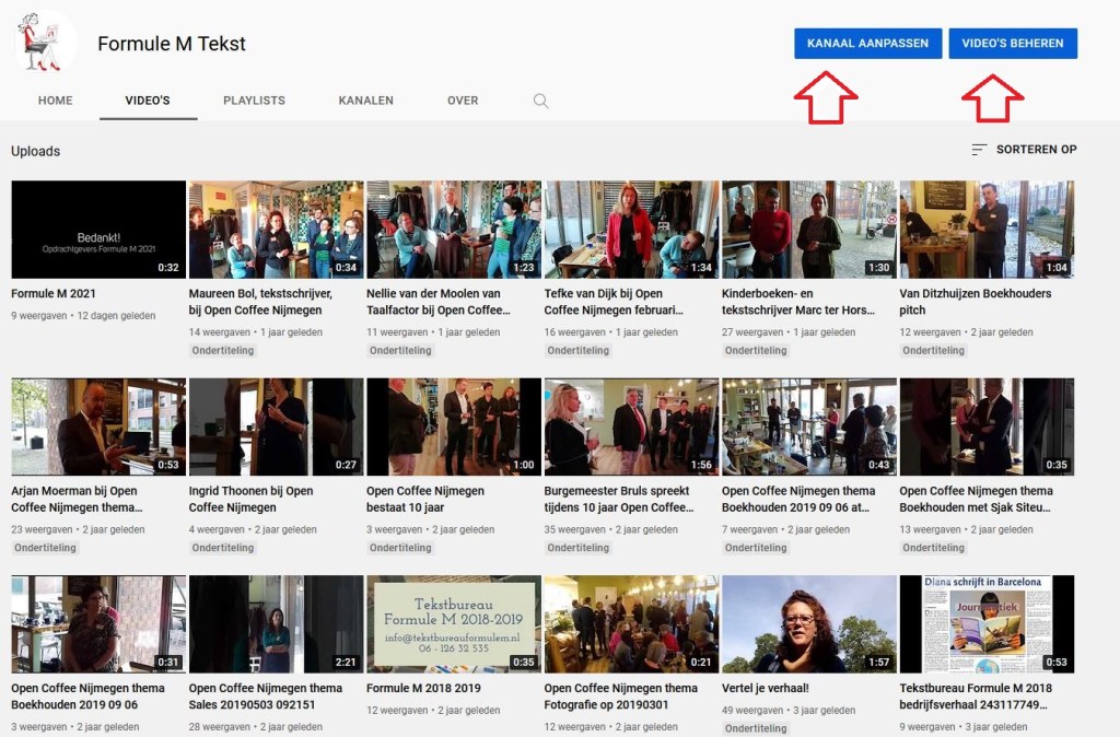 YouTube kanaal van tekstbureau Formule M als voorbeeld.