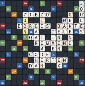 WordFeud bord met daarop woorden gelegd.