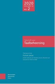 Kaft van het Tijdschrift voor Taalbeheersing over Taalbeheersing. Kleur blauw, witte letters en rode vlakken met witte letters.