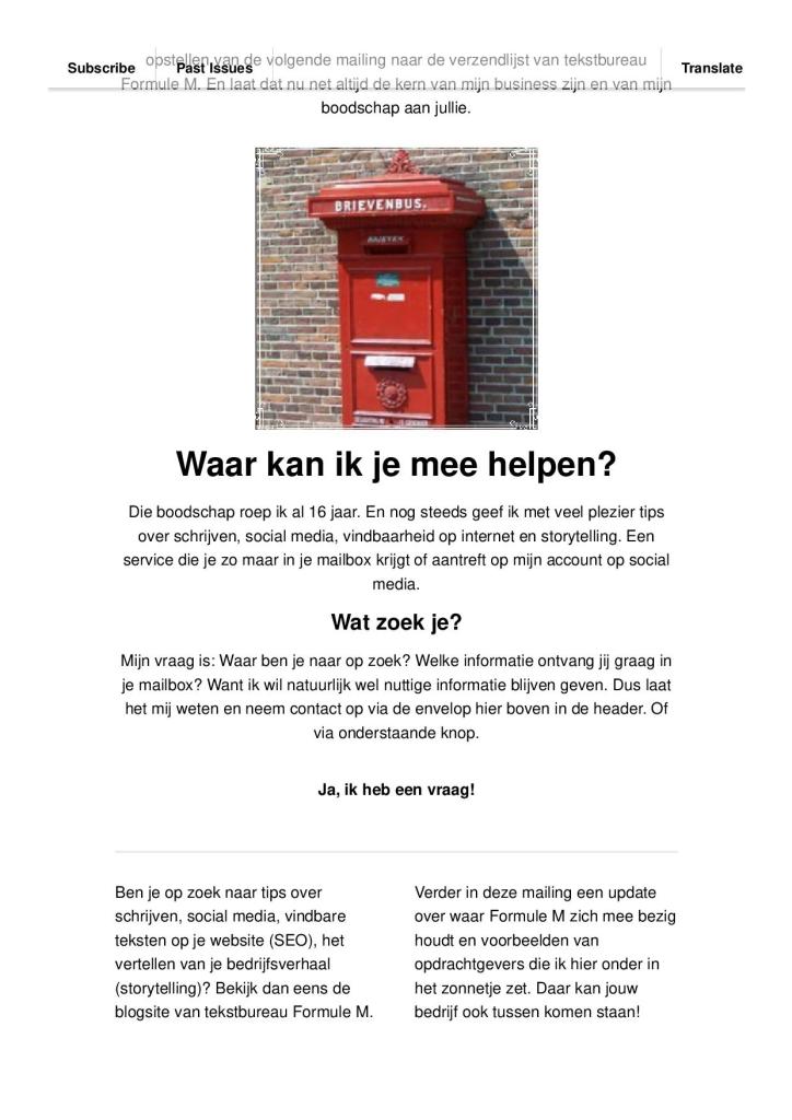 Inhoud van voorbeeld nieuwsbrief Formule M