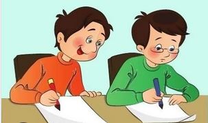 Tekening waarop 2 jongetjes proefwerk maken en er eentje spiekt bij zijn buurman.