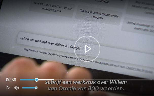 Screenshot van video van RTL nieuws. Klik op de afbeelding voor de link naar het artikel waaronder de video staat over de gevolgen van AI voor het onderwijs.