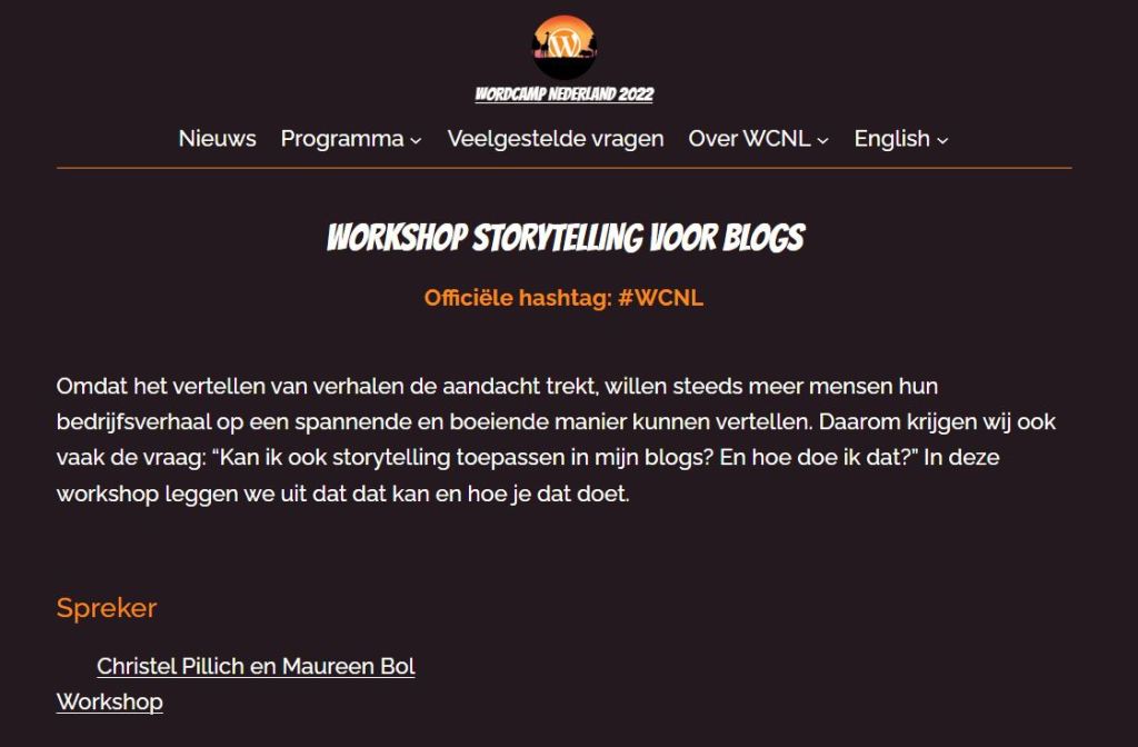 Workshop Storytelling voor blogs. Aankondiging op de site van WordCamp Nederland 2022.