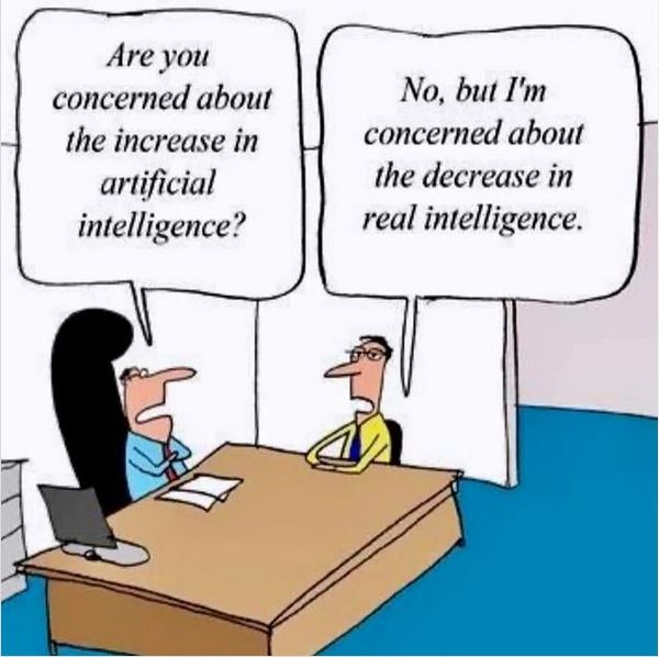 Cartoon met Engelse tekst. Vertaald: Ben jij bezorgd over de toename van AI? Nee, maar ik maak mij wel zorgen over de afname in echte intelligentie.