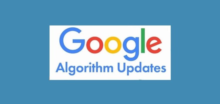 Google algoritme updates: tekst in kleur tegen blauwe achtergrond. 