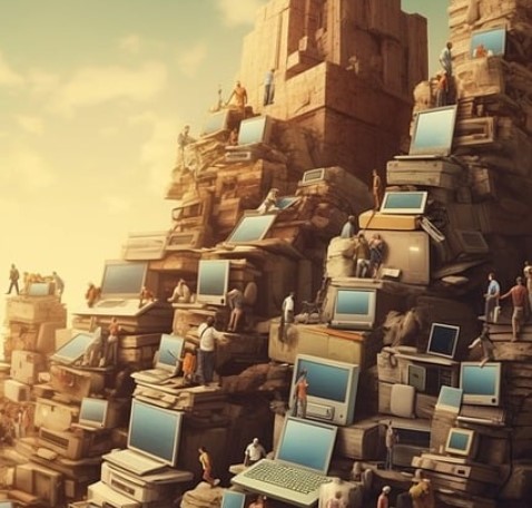 De toren van Babel opgebouwd uit computers en informatie. Op de berg her en der ook klimmende mensen.